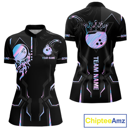 Black And Holographic Crown Bowling Ball Polo, 1/4 Zip Shirts For Women Custom Bowling Team Jerseys TDM7319