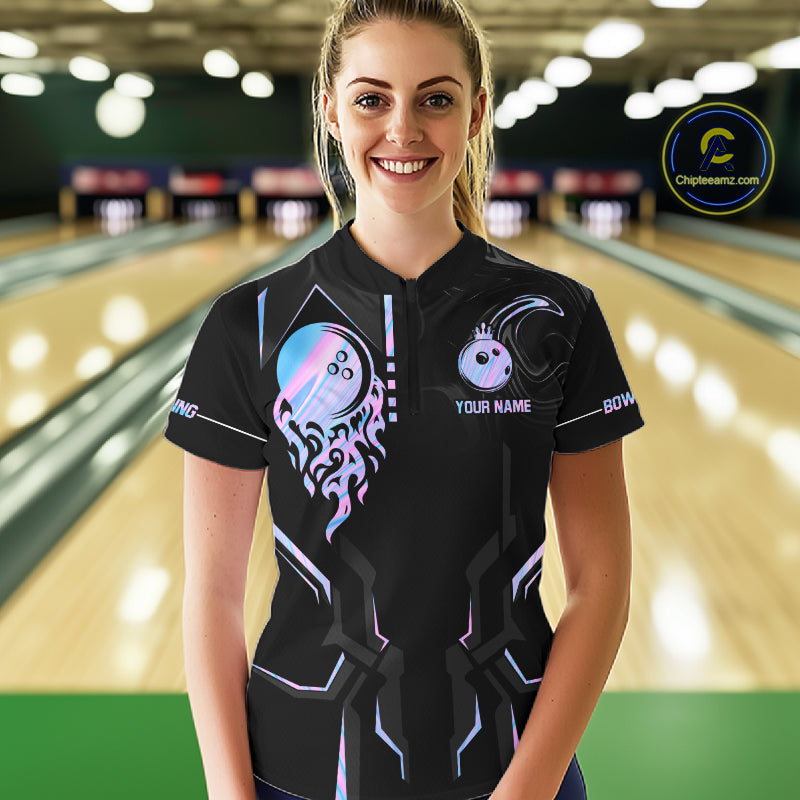 Black And Holographic Crown Bowling Ball Polo, 1/4 Zip Shirts For Women Custom Bowling Team Jerseys TDM7319