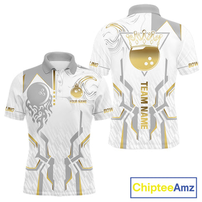 White And Gold Bowling Ball Crown Bowling Shirts For Men Custom Bowling League Team Jersey TDM7320