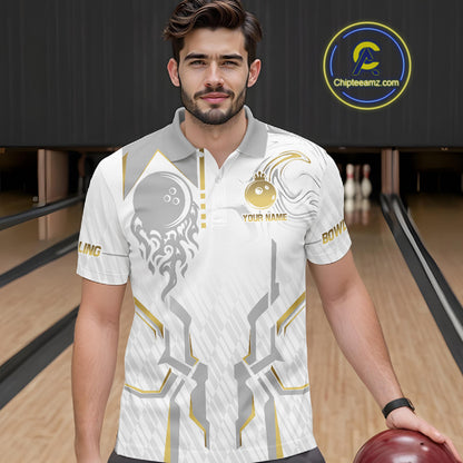 White And Gold Bowling Ball Crown Bowling Shirts For Men Custom Bowling League Team Jersey TDM7320