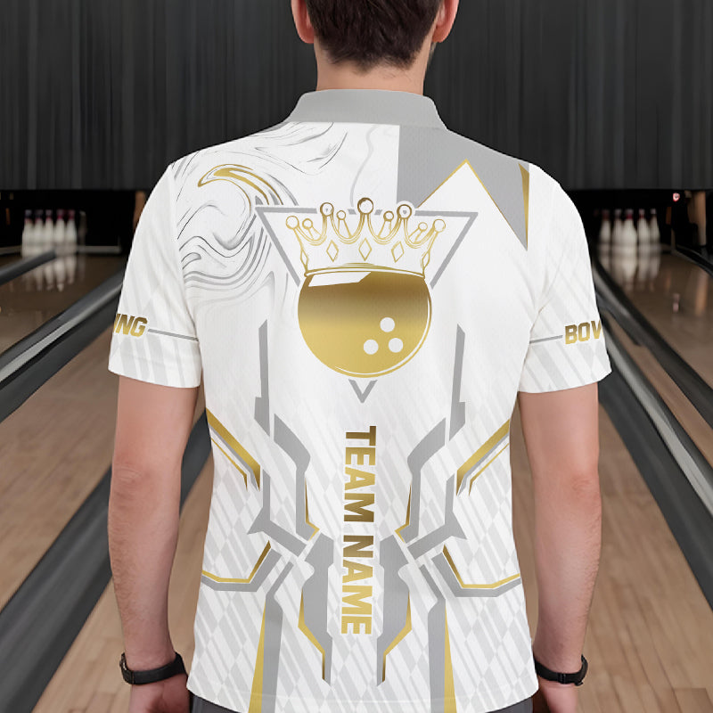 White And Gold Bowling Ball Crown Bowling Shirts For Men Custom Bowling League Team Jersey TDM7320