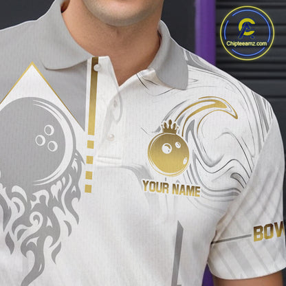 White And Gold Bowling Ball Crown Bowling Shirts For Men Custom Bowling League Team Jersey TDM7320