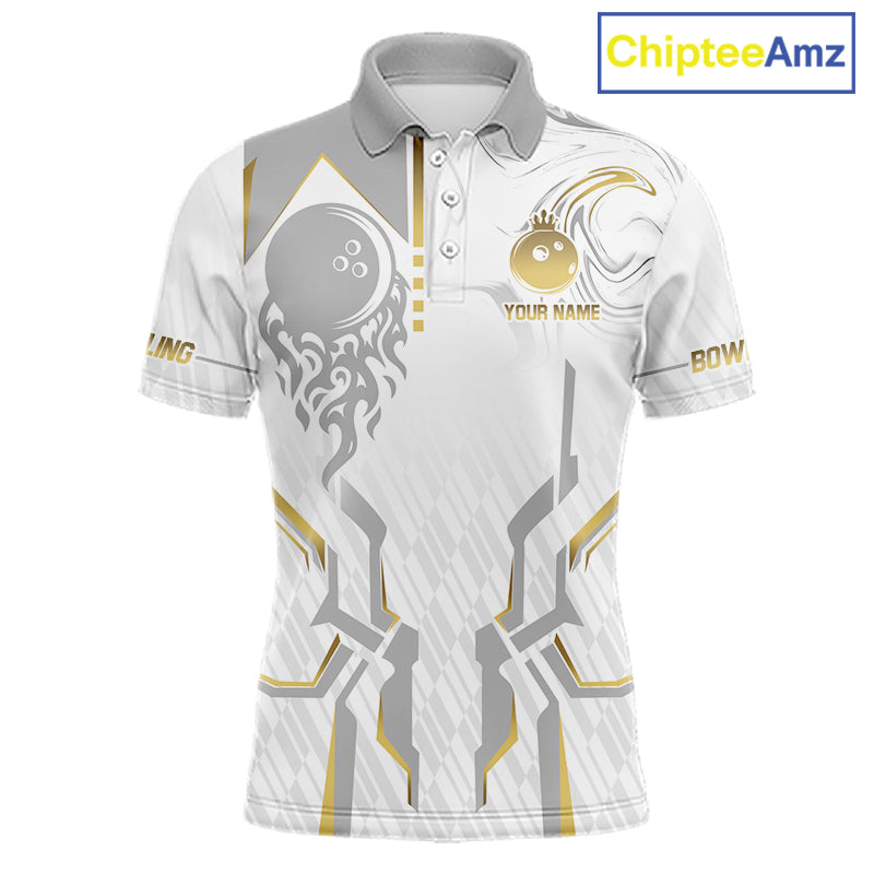 White And Gold Bowling Ball Crown Bowling Shirts For Men Custom Bowling League Team Jersey TDM7320