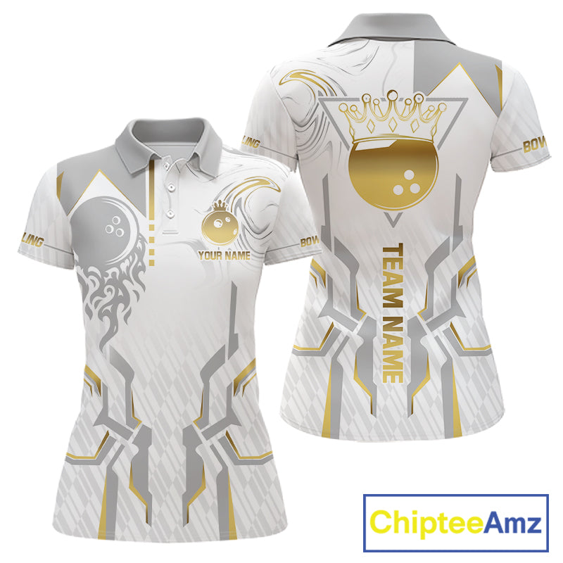 White And Gold Bowling Ball Crown Bowling Shirts For Women Custom Bowling League Team Jersey TDM7320