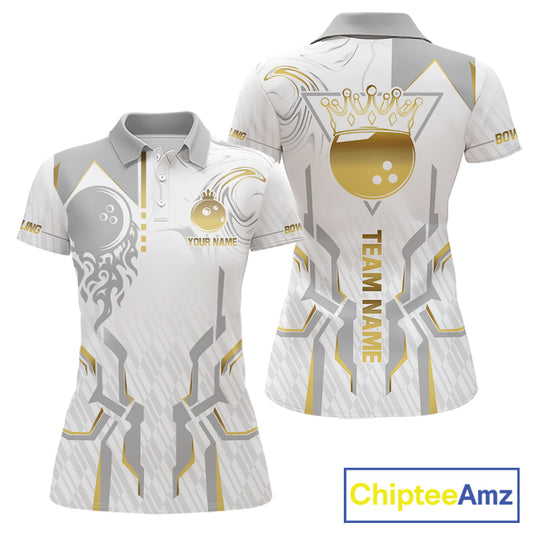 White And Gold Bowling Ball Crown Bowling Shirts For Women Custom Bowling League Team Jersey TDM7320