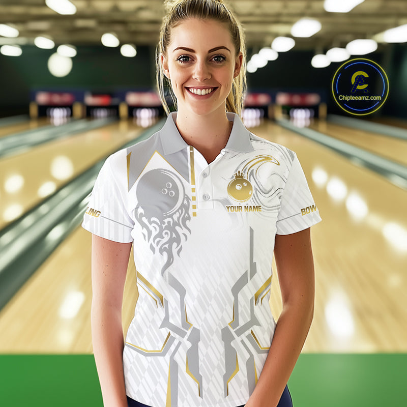 White And Gold Bowling Ball Crown Bowling Shirts For Women Custom Bowling League Team Jersey TDM7320