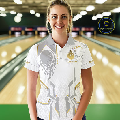 White And Gold Bowling Ball Crown Bowling Shirts For Women Custom Bowling League Team Jersey TDM7320