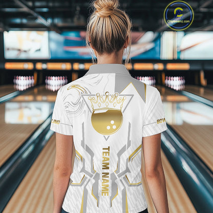 White And Gold Bowling Ball Crown Bowling Shirts For Women Custom Bowling League Team Jersey TDM7320