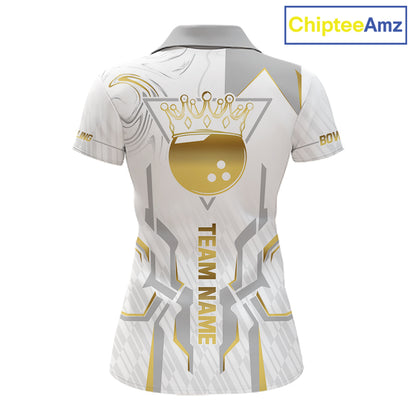 White And Gold Bowling Ball Crown Bowling Shirts For Women Custom Bowling League Team Jersey TDM7320