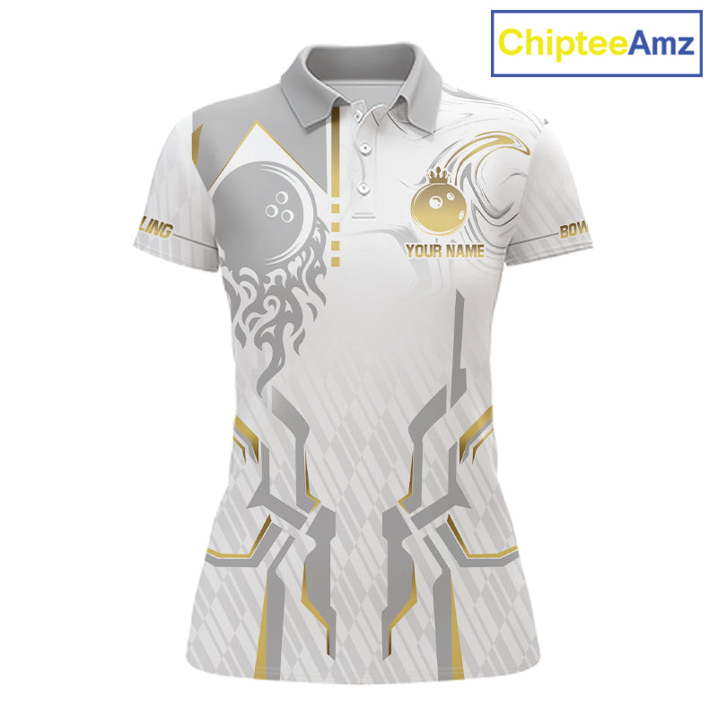 White And Gold Bowling Ball Crown Bowling Shirts For Women Custom Bowling League Team Jersey TDM7320