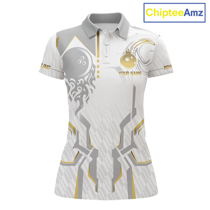 White And Gold Bowling Ball Crown Bowling Shirts For Women Custom Bowling League Team Jersey TDM7320