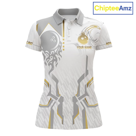 White And Gold Bowling Ball Crown Bowling Shirts For Women Custom Bowling League Team Jersey TDM7320
