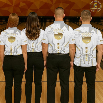 White And Gold Bowling Ball Crown Bowling Shirts For Women Custom Bowling League Team Jersey TDM7320