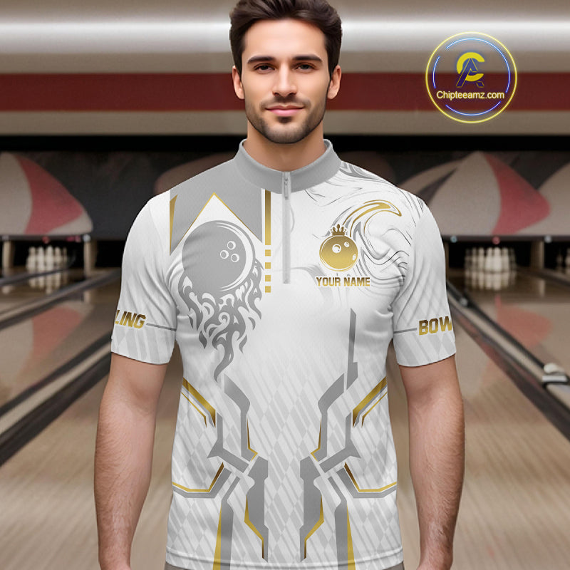 White And Gold Bowling Ball Crown Bowling Shirts For Men Custom Bowling League Team Jersey TDM7320