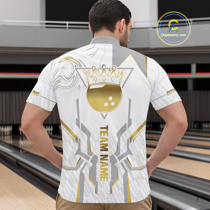 White And Gold Bowling Ball Crown Bowling Shirts For Men Custom Bowling League Team Jersey TDM7320
