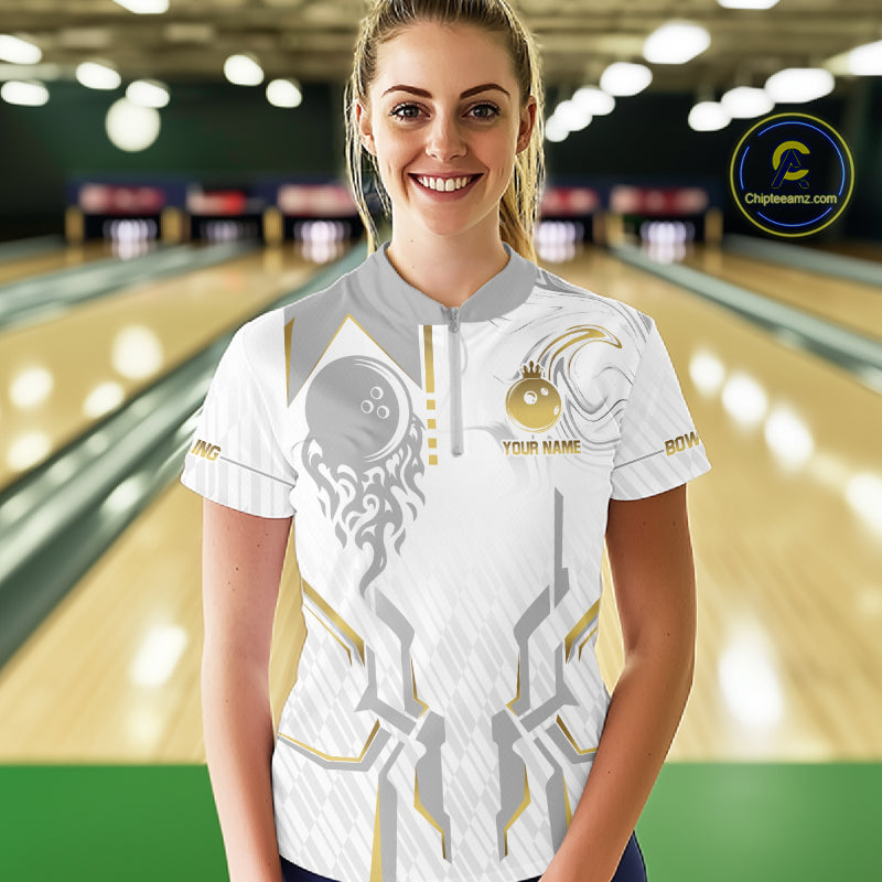 White And Gold Bowling Ball Crown Bowling Shirts For Women Custom Bowling League Team Jersey TDM7320
