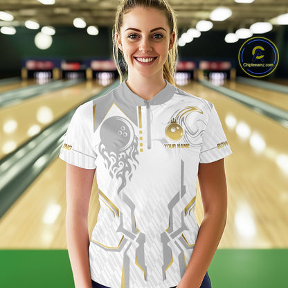 White And Gold Bowling Ball Crown Bowling Shirts For Women Custom Bowling League Team Jersey TDM7320