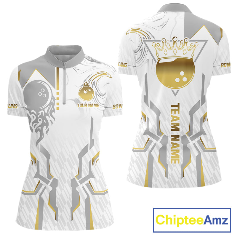 White And Gold Bowling Ball Crown Bowling Shirts For Women Custom Bowling League Team Jersey TDM7320