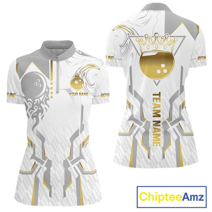 White And Gold Bowling Ball Crown Bowling Shirts For Women Custom Bowling League Team Jersey TDM7320