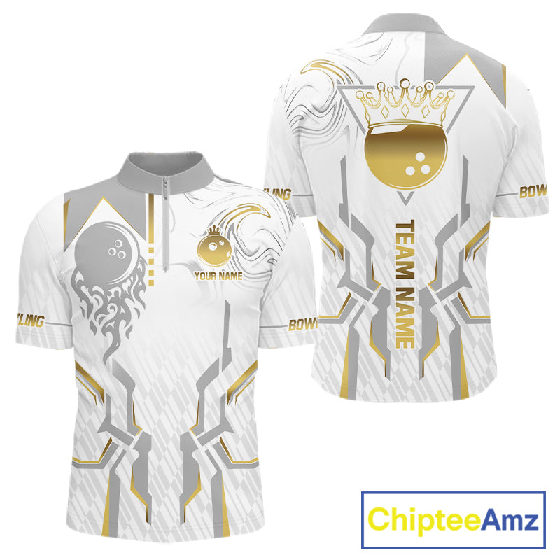 White And Gold Bowling Ball Crown Bowling Shirts For Men Custom Bowling League Team Jersey TDM7320