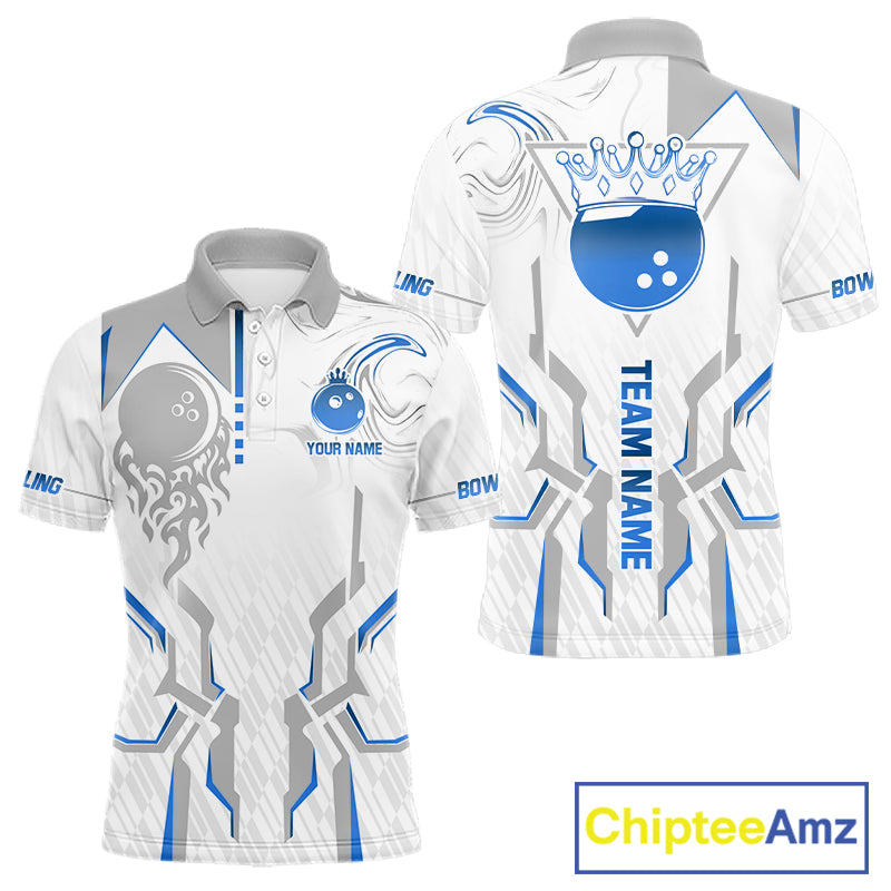 White And Blue Bowling Ball Crown Bowling Shirts For Men Custom Bowling League Team Jersey TDM7321