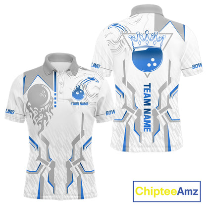 White And Blue Bowling Ball Crown Bowling Shirts For Men Custom Bowling League Team Jersey TDM7321