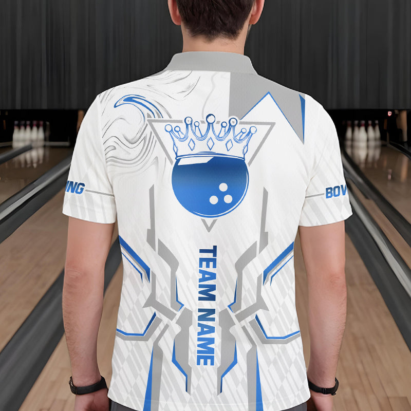 White And Blue Bowling Ball Crown Bowling Shirts For Men Custom Bowling League Team Jersey TDM7321