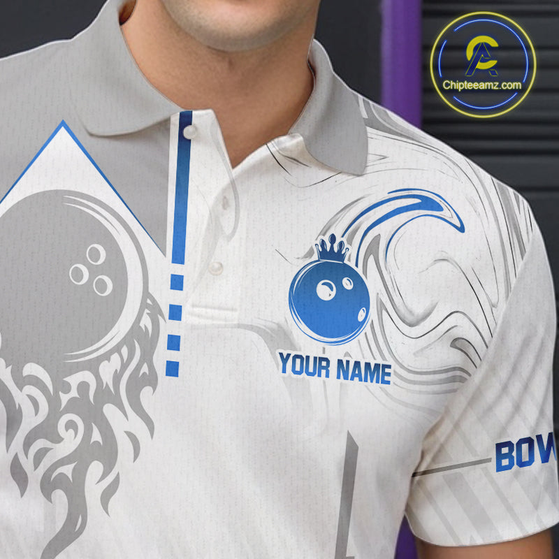 White And Blue Bowling Ball Crown Bowling Shirts For Men Custom Bowling League Team Jersey TDM7321