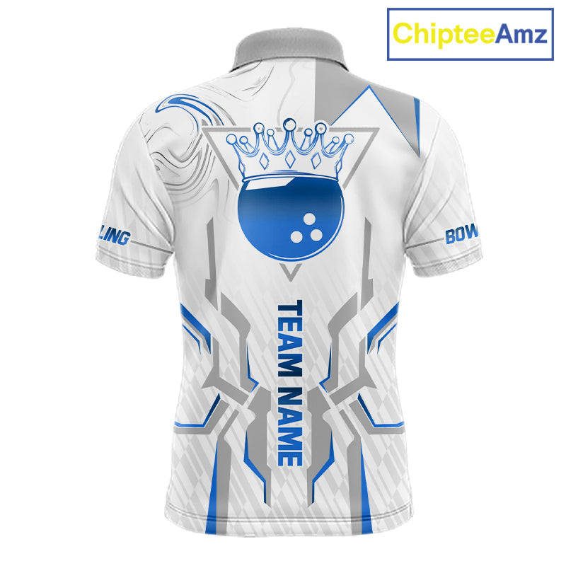 White And Blue Bowling Ball Crown Bowling Shirts For Men Custom Bowling League Team Jersey TDM7321