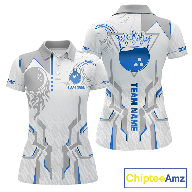 White And Blue Bowling Ball Crown Bowling Shirts For Women Custom Bowling League Team Jersey TDM7321