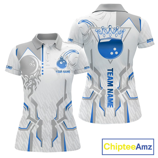 White And Blue Bowling Ball Crown Bowling Shirts For Women Custom Bowling League Team Jersey TDM7321