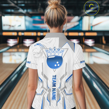 White And Blue Bowling Ball Crown Bowling Shirts For Women Custom Bowling League Team Jersey TDM7321
