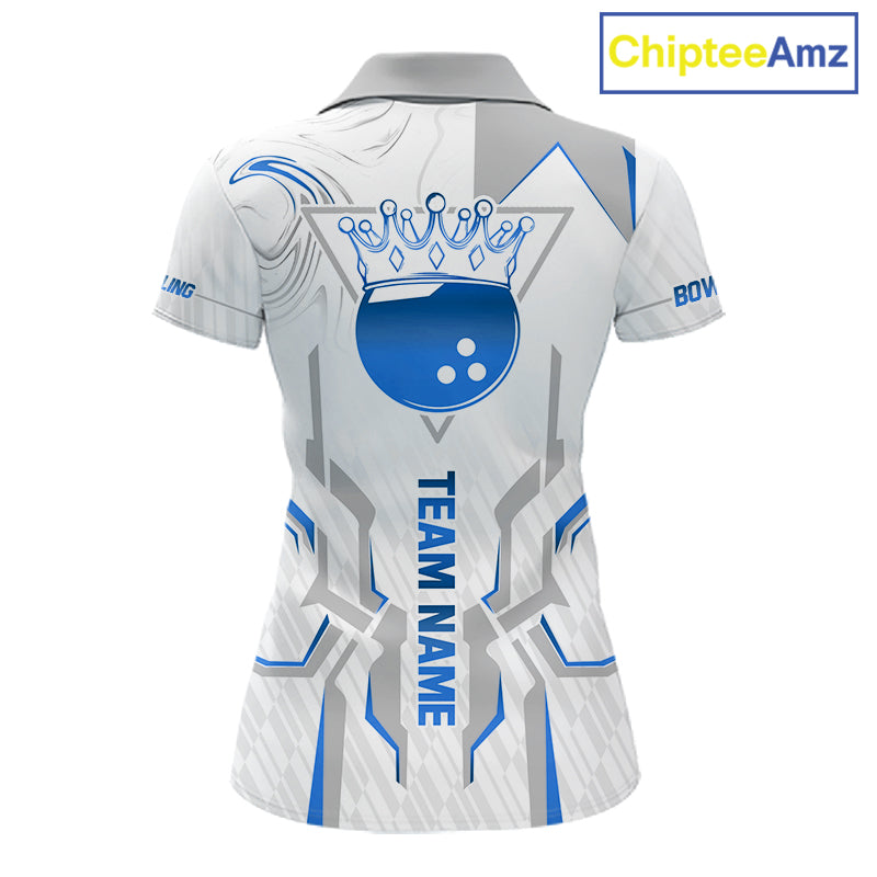 White And Blue Bowling Ball Crown Bowling Shirts For Women Custom Bowling League Team Jersey TDM7321