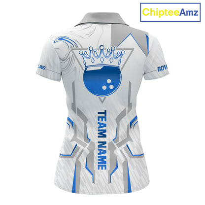 White And Blue Bowling Ball Crown Bowling Shirts For Women Custom Bowling League Team Jersey TDM7321