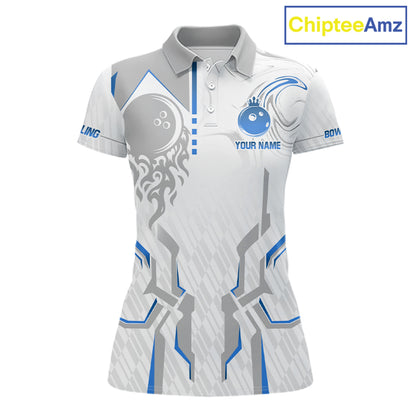 White And Blue Bowling Ball Crown Bowling Shirts For Women Custom Bowling League Team Jersey TDM7321