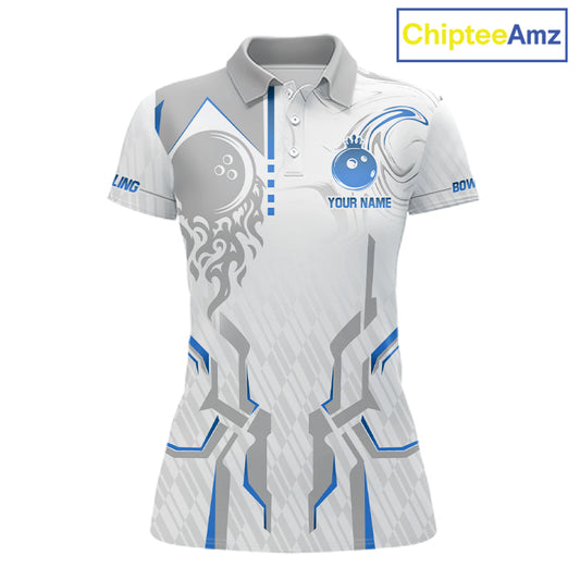 White And Blue Bowling Ball Crown Bowling Shirts For Women Custom Bowling League Team Jersey TDM7321