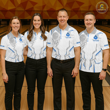White And Blue Bowling Ball Crown Bowling Shirts For Women Custom Bowling League Team Jersey TDM7321