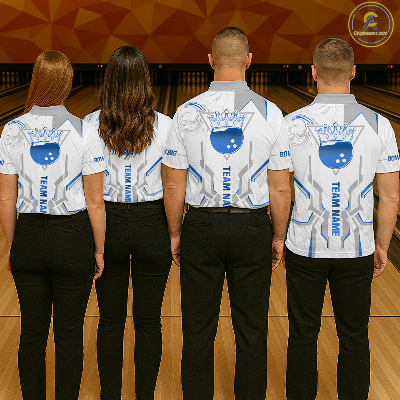 White And Blue Bowling Ball Crown Bowling Shirts For Women Custom Bowling League Team Jersey TDM7321