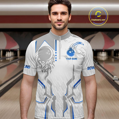 White And Blue Bowling Ball Crown Bowling Shirts For Men Custom Bowling League Team Jersey TDM7321