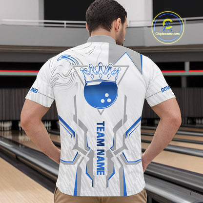 White And Blue Bowling Ball Crown Bowling Shirts For Men Custom Bowling League Team Jersey TDM7321