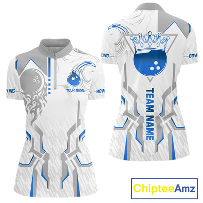 White And Blue Bowling Ball Crown Bowling Shirts For Women Custom Bowling League Team Jersey TDM7321
