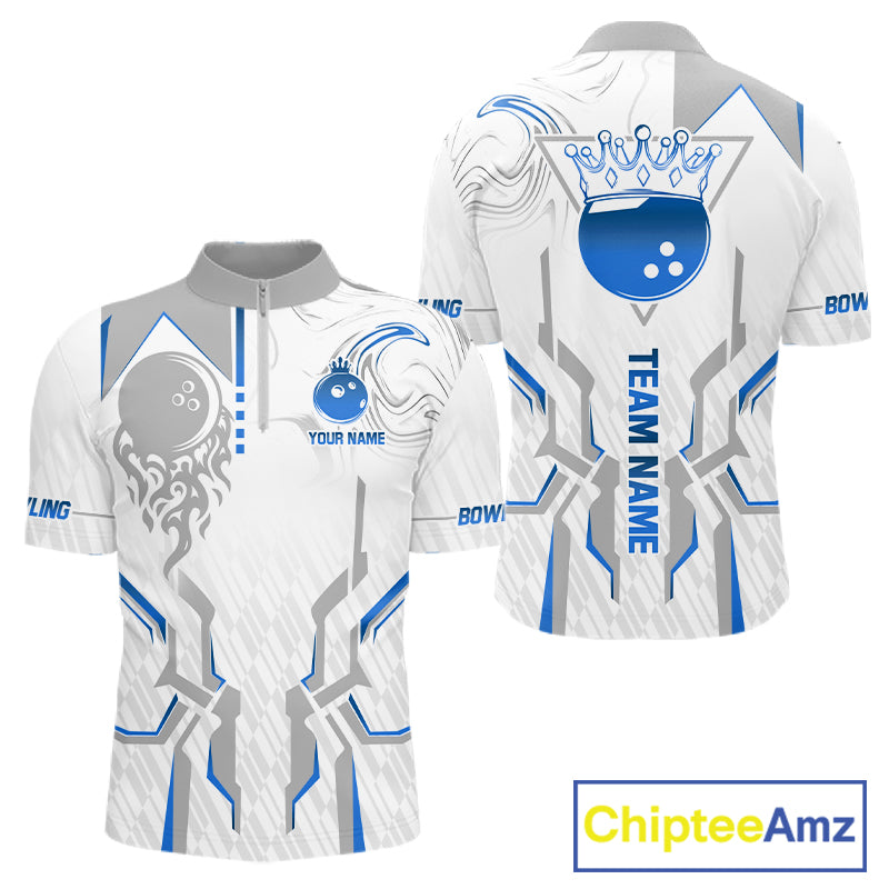 White And Blue Bowling Ball Crown Bowling Shirts For Men Custom Bowling League Team Jersey TDM7321