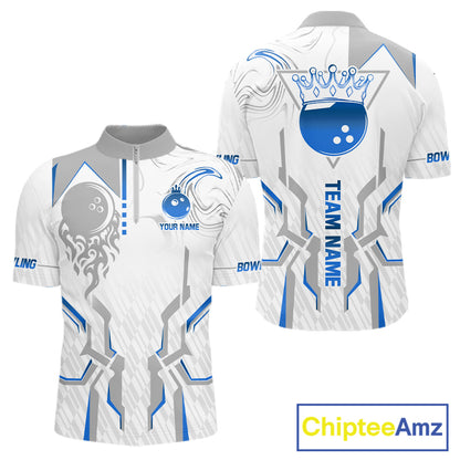White And Blue Bowling Ball Crown Bowling Shirts For Men Custom Bowling League Team Jersey TDM7321