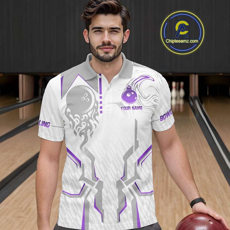 White And Purple Bowling Ball Crown Bowling Shirts For Men Custom Bowling League Team Jersey TDM7322
