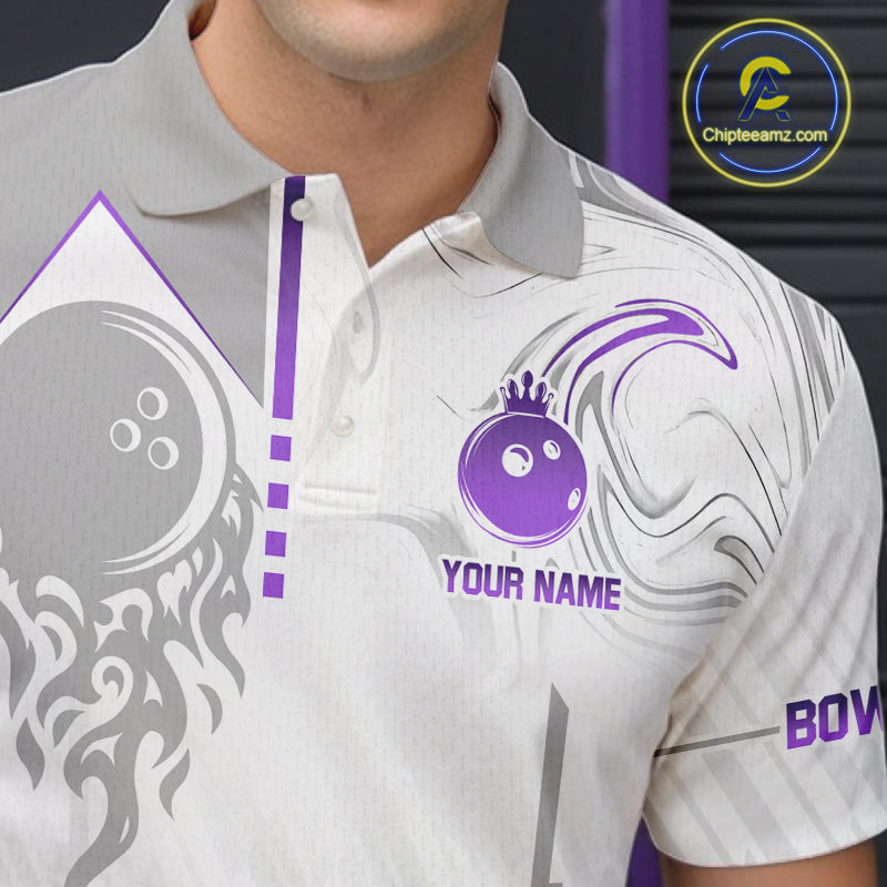 White And Purple Bowling Ball Crown Bowling Shirts For Men Custom Bowling League Team Jersey TDM7322