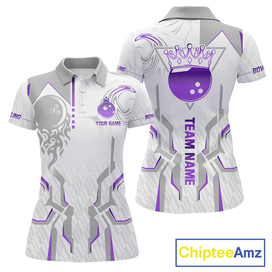 White And Purple Bowling Ball Crown Bowling Shirts For Women Custom Bowling League Team Jersey TDM7322