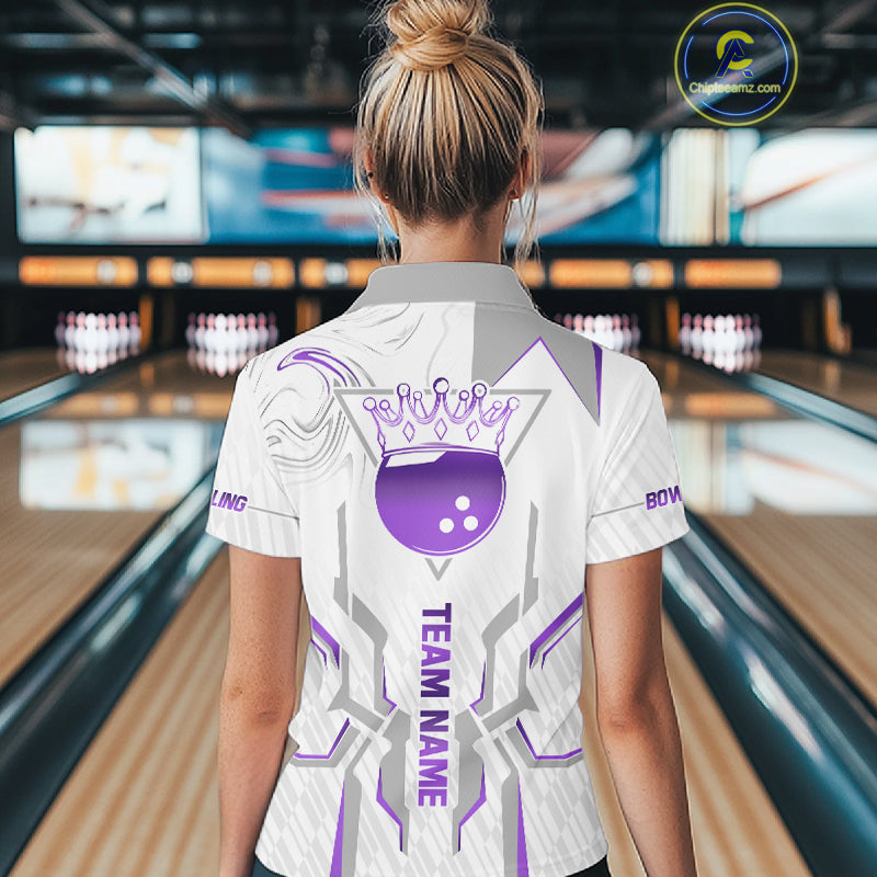 White And Purple Bowling Ball Crown Bowling Shirts For Women Custom Bowling League Team Jersey TDM7322