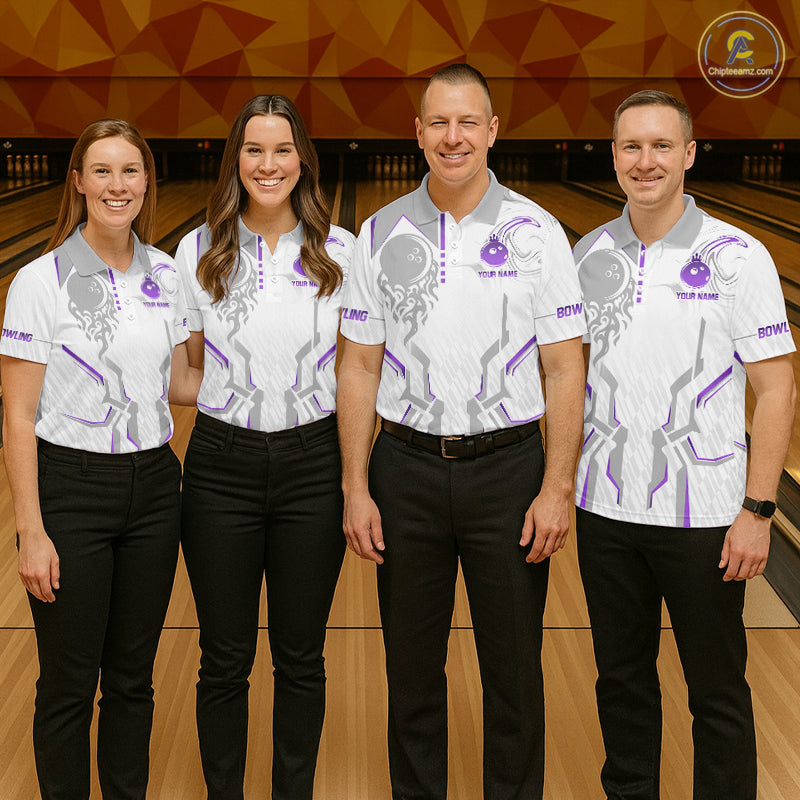 White And Purple Bowling Ball Crown Bowling Shirts For Women Custom Bowling League Team Jersey TDM7322