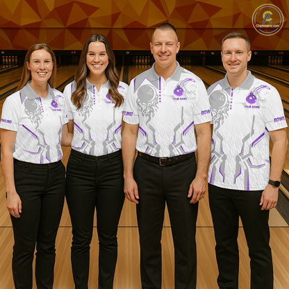 White And Purple Bowling Ball Crown Bowling Shirts For Women Custom Bowling League Team Jersey TDM7322