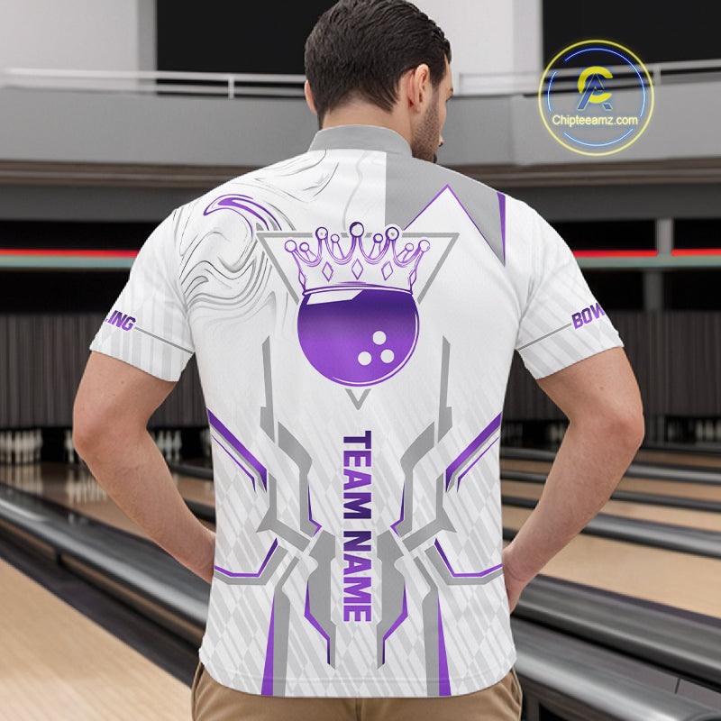 White And Purple Bowling Ball Crown Bowling Shirts For Men Custom Bowling League Team Jersey TDM7322